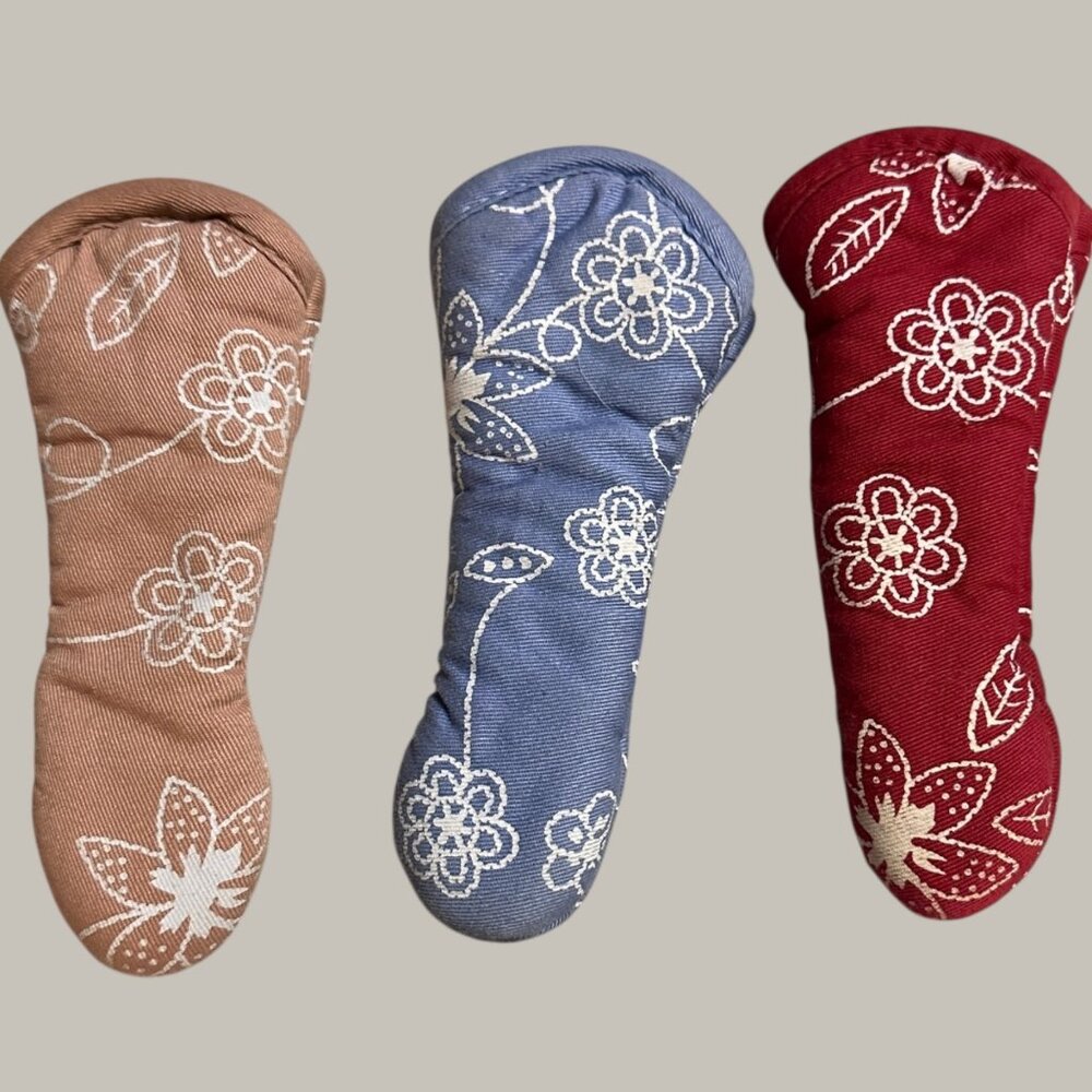 Floral Quilted Hotpot Handle Potholders - Brown Blue & Red - Set Of 3 EUC